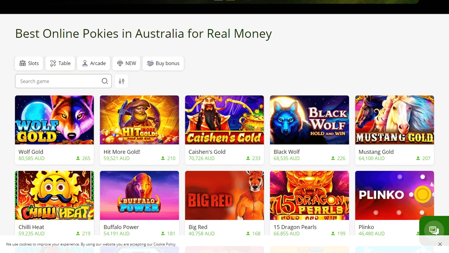 Luckygreen Casino desktop game library with pokies and casino titles